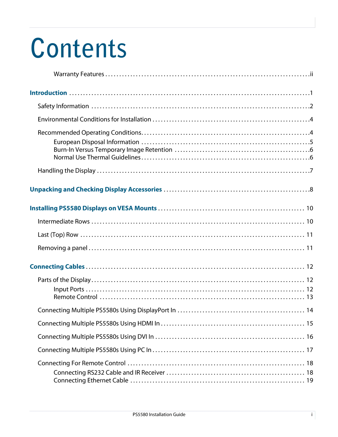 Planar PS5580 manual Contents 