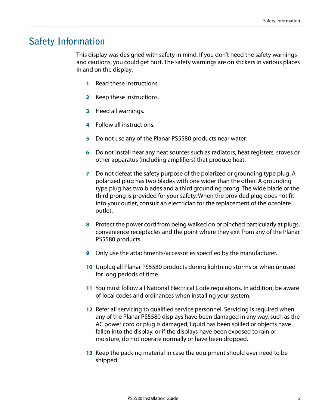 Planar PS5580 manual Safety Information 