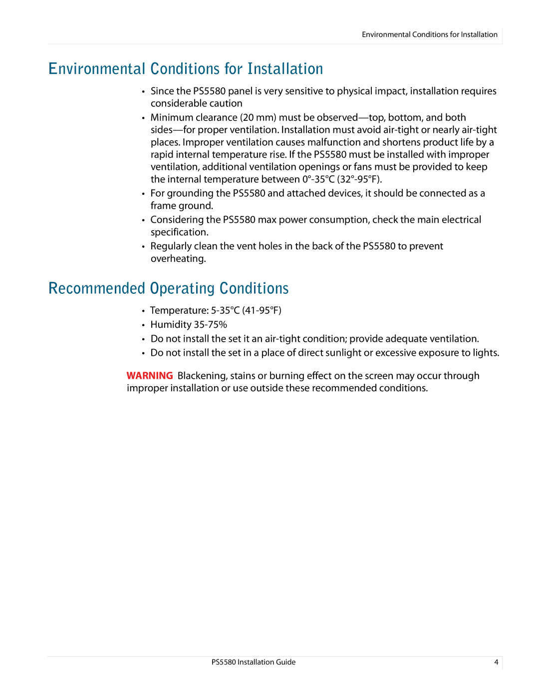 Planar PS5580 manual Environmental Conditions for Installation, Recommended Operating Conditions 