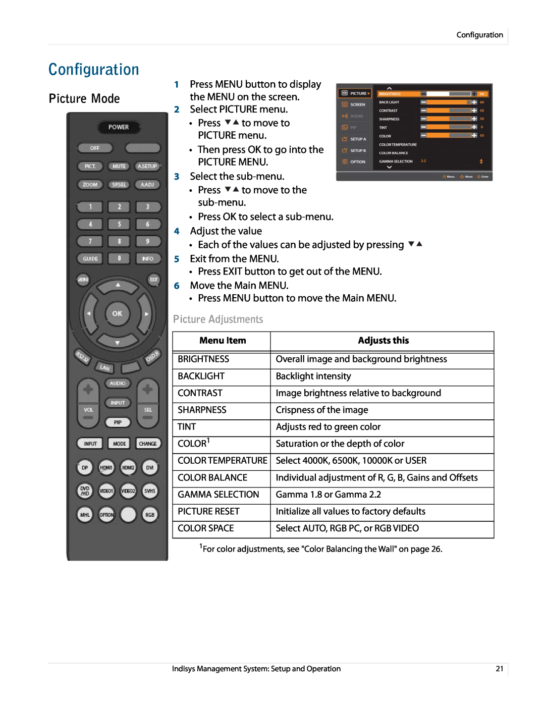 Planar PS5580 manual Configuration, Picture Mode, Picture Adjustments 