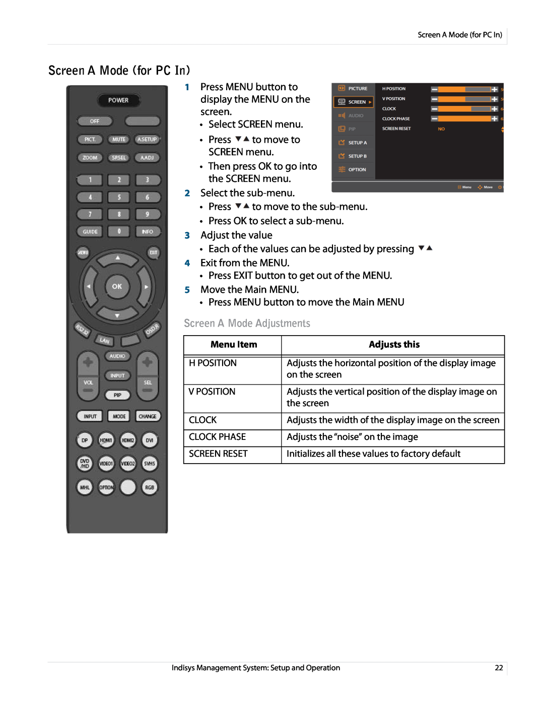 Planar PS5580 manual Screen A Mode for PC In, Screen A Mode Adjustments 