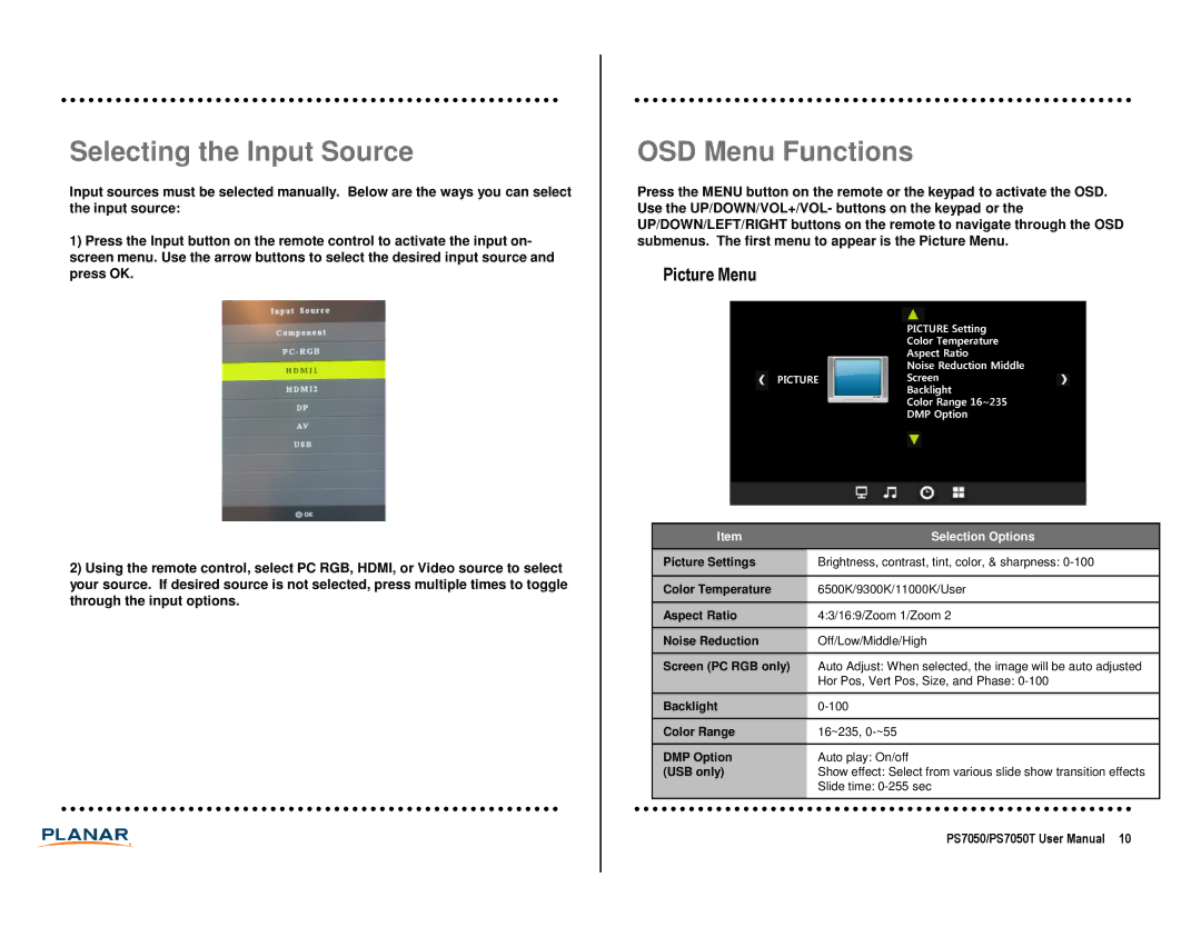 Planar PS7050T manual Selecting the Input Source, OSD Menu Functions 