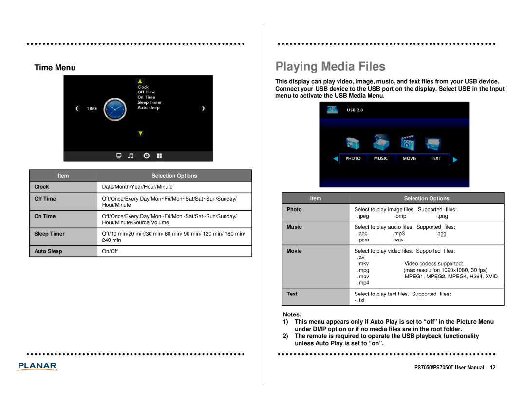 Planar PS7050T manual Playing Media Files, Time Menu 