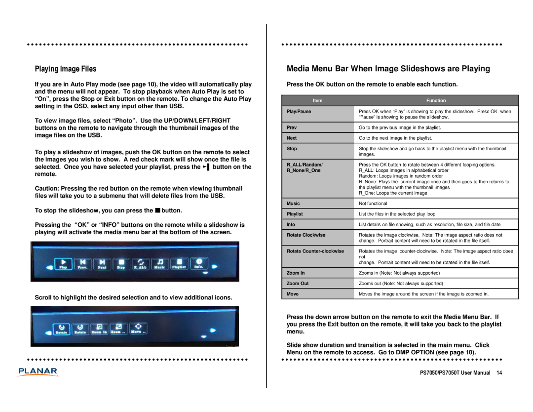 Planar PS7050T manual Playing Image Files, Media Menu Bar When Image Slideshows are Playing 