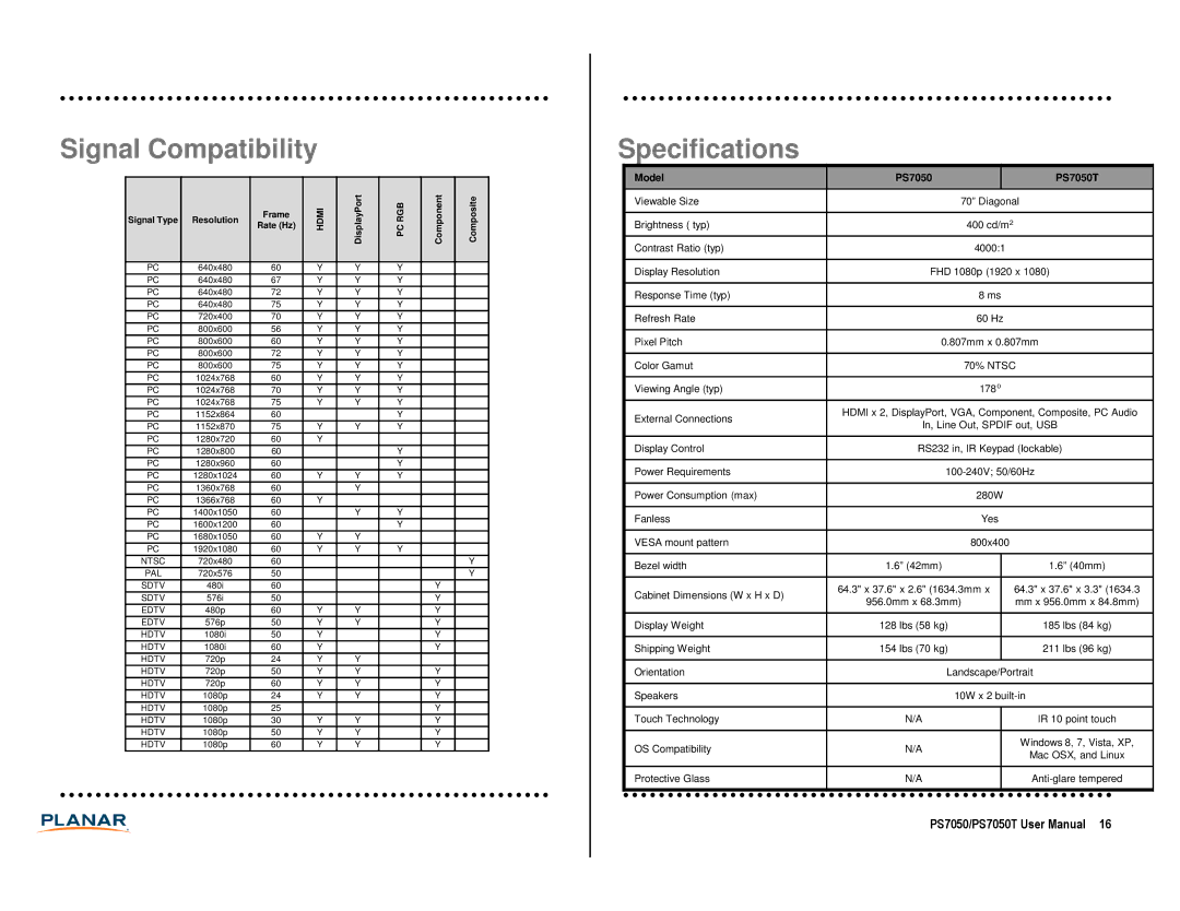 Planar PS7050T manual Signal Compatibility, Specifications 