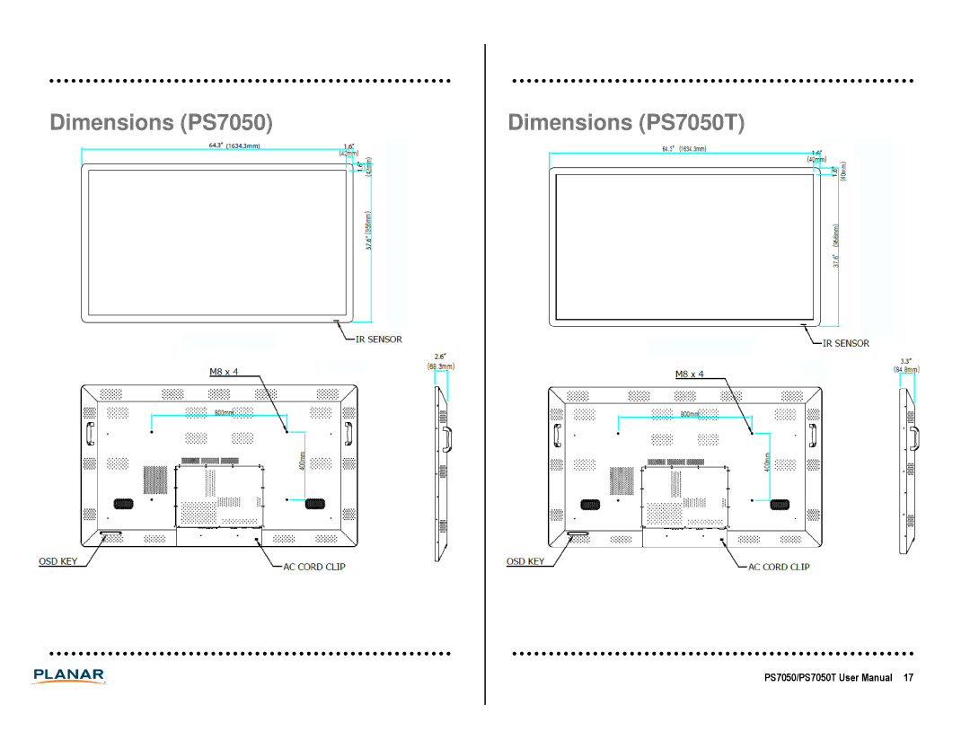 Planar manual Dimensions PS7050 Dimensions PS7050T 