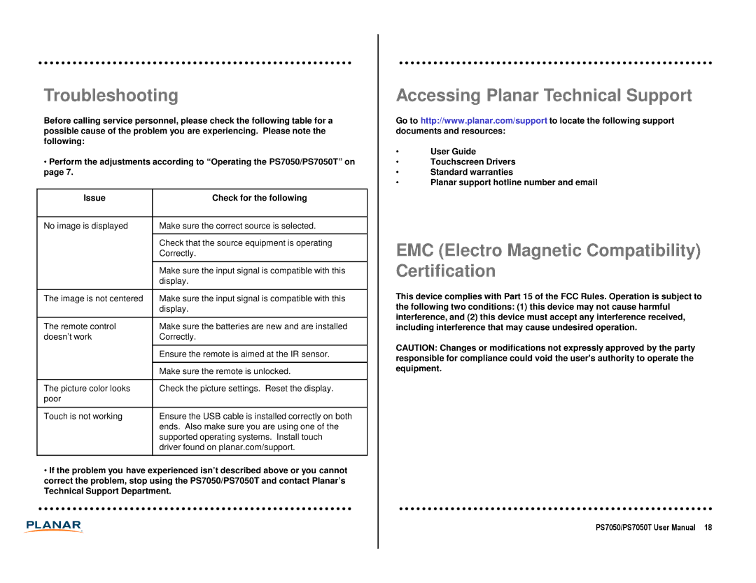 Planar PS7050 manual Troubleshooting, Accessing Planar Technical Support, EMC Electro Magnetic Compatibility Certification 