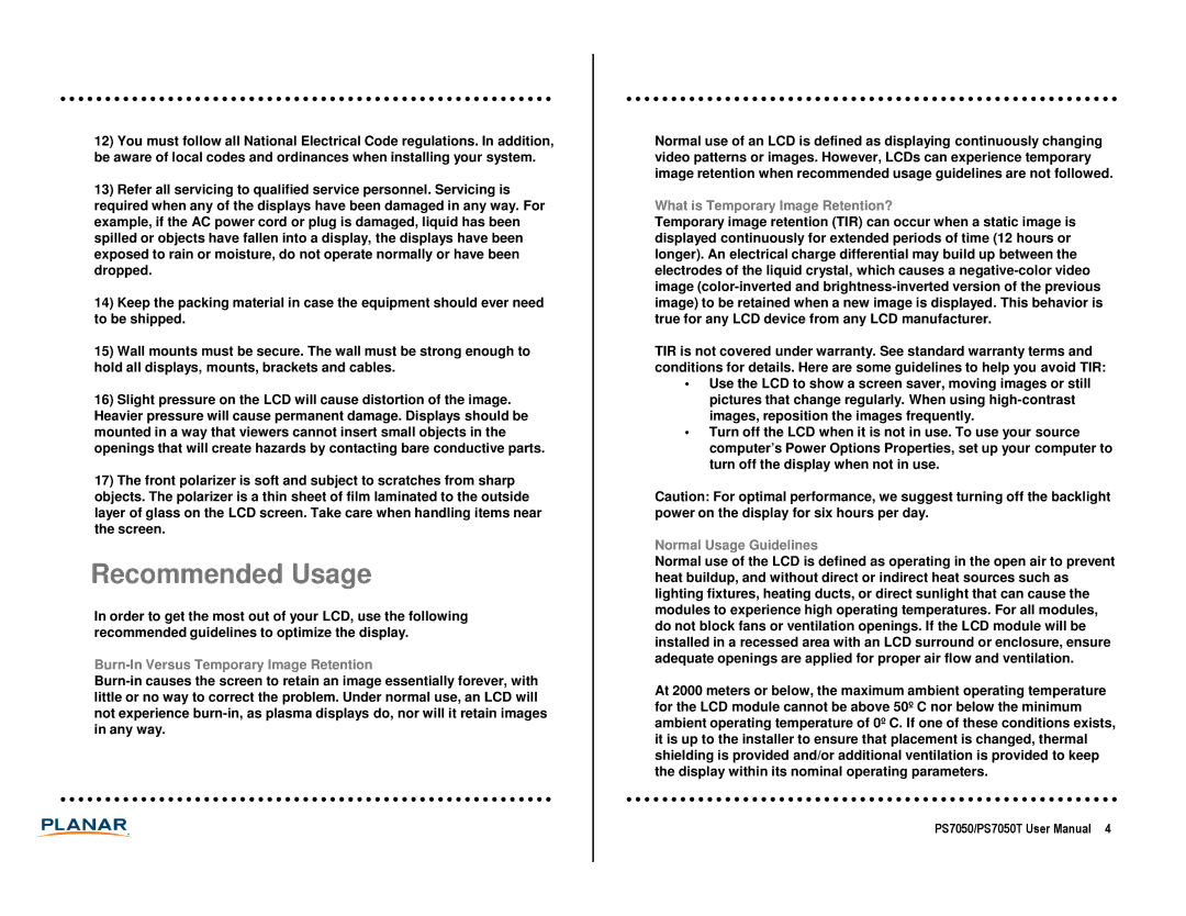 Planar PS7050T manual Recommended Usage, Burn-In Versus Temporary Image Retention, What is Temporary Image Retention? 