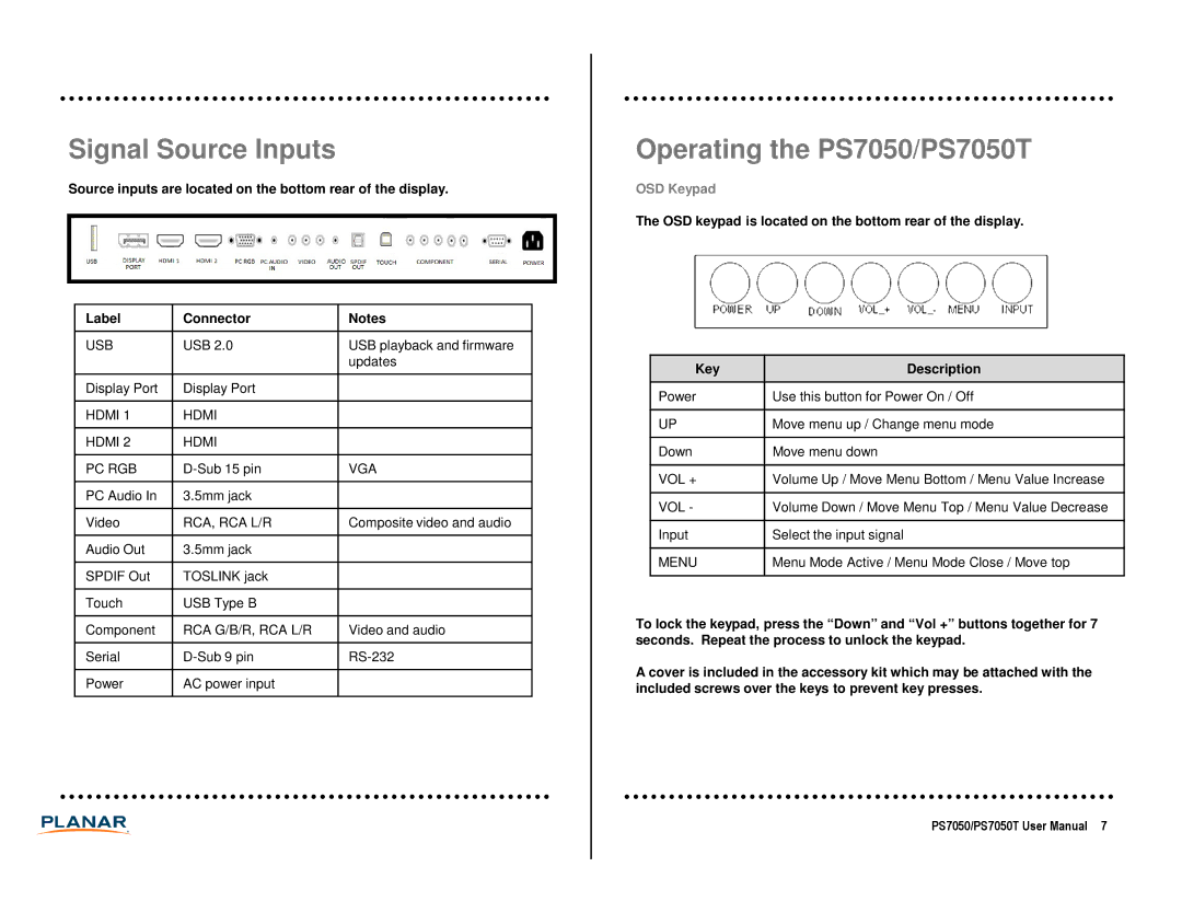 Planar manual Signal Source Inputs, Operating the PS7050/PS7050T 