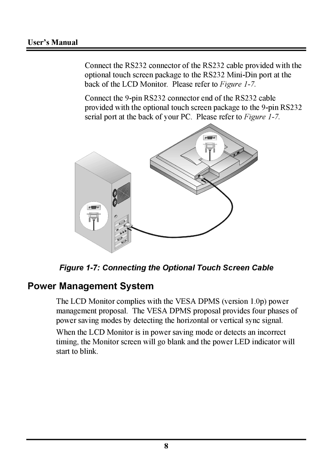 Planar PT120, PL120 manual Power Management System, Connecting the Optional Touch Screen Cable 