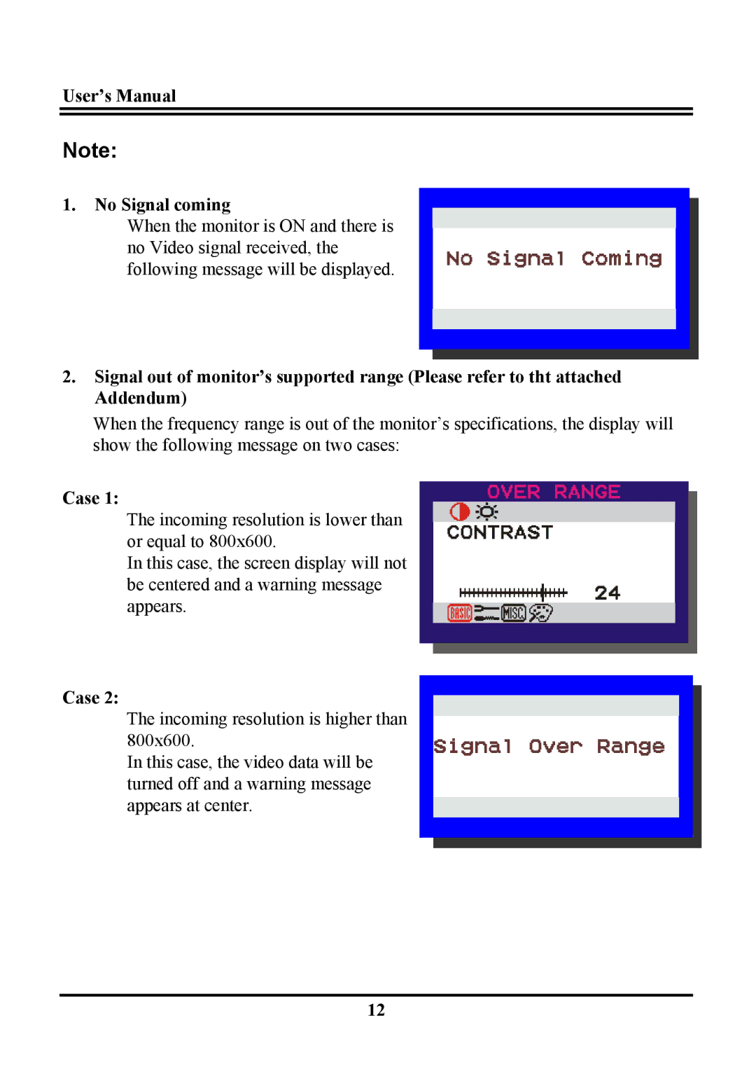 Planar PT120, PL120 manual User’s Manual No Signal coming 