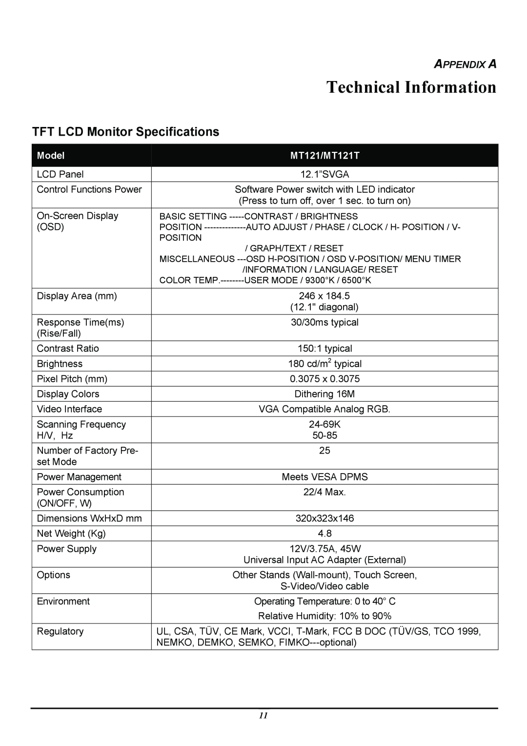 Planar PT120, PL120 manual Technical Information, TFT LCD Monitor Specifications, Appendix A, Model, MT121/MT121T 