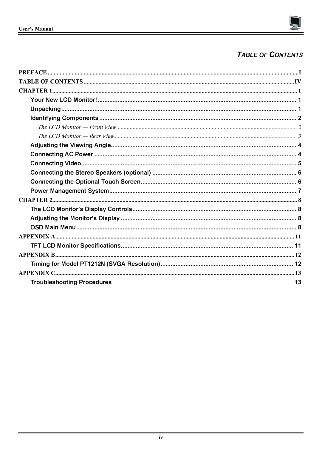 Planar PL120, PT120 manual Troubleshooting Procedures, Table Of Contents, User’s Manual 
