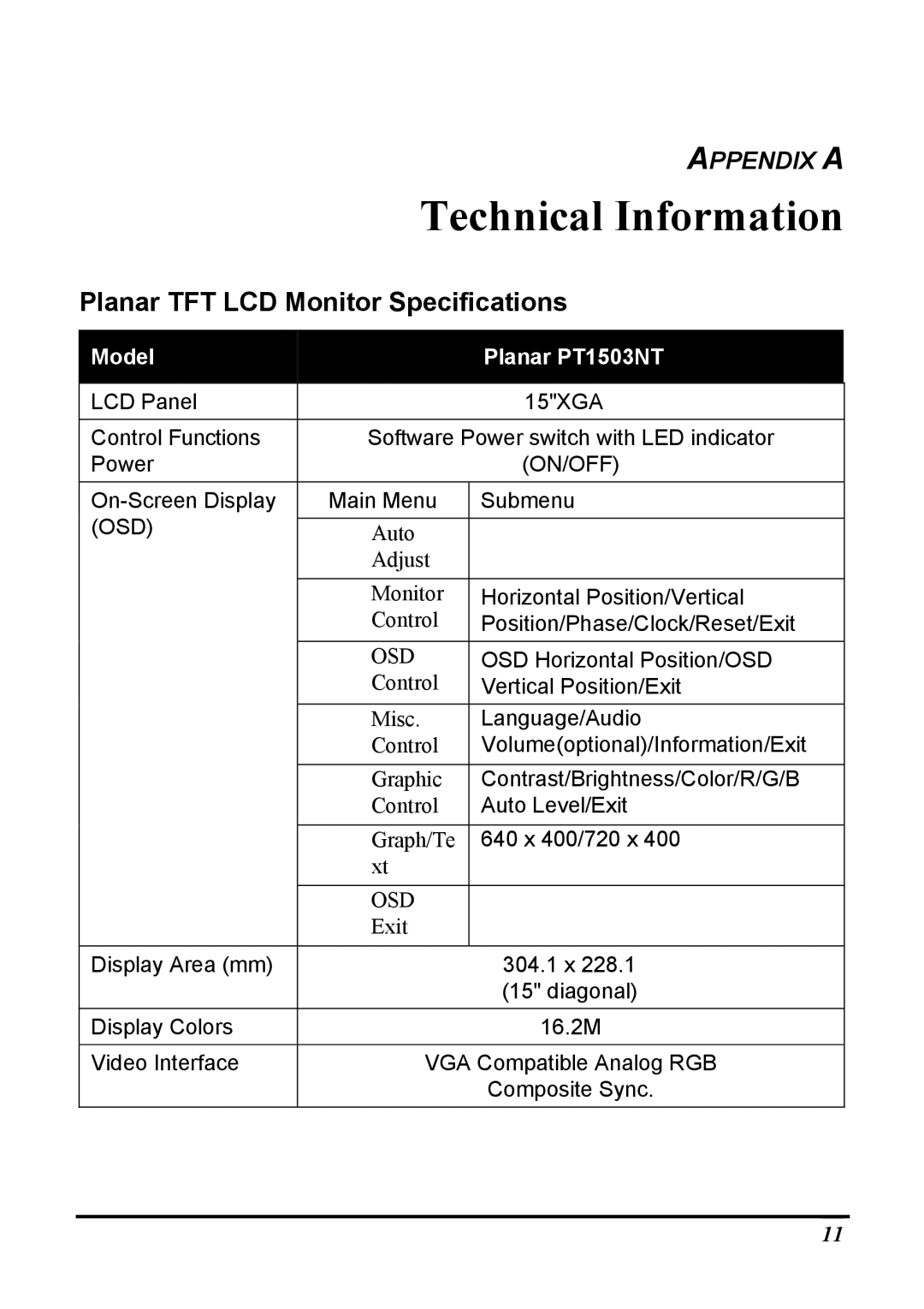 Planar PT1503NT manual Technical Information, Planar TFT LCD Monitor Specifications 