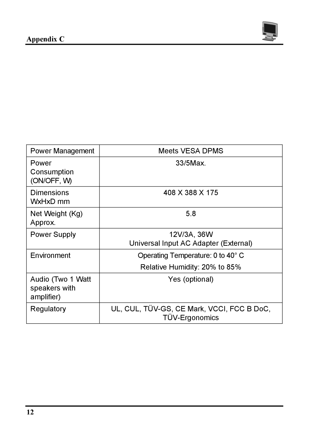 Planar PT1503NT manual Appendix C, On/Off, W 