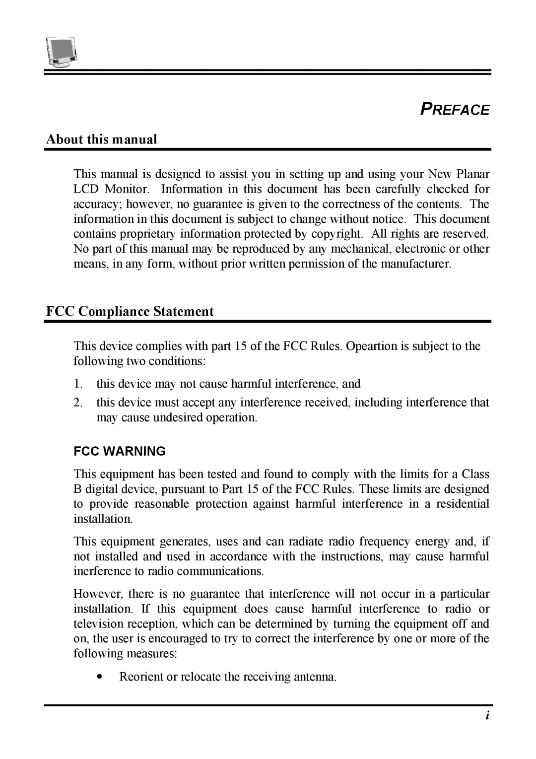 Planar PT1503NT About this manual, FCC Compliance Statement 