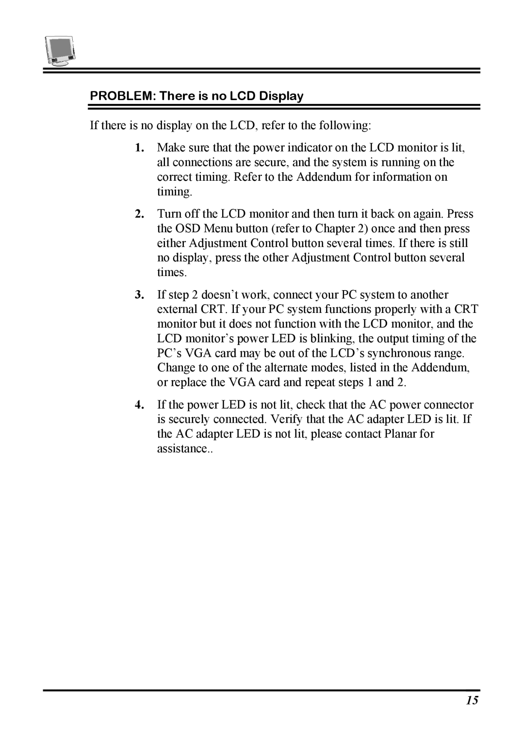 Planar PT1503NT manual Problem There is no LCD Display 