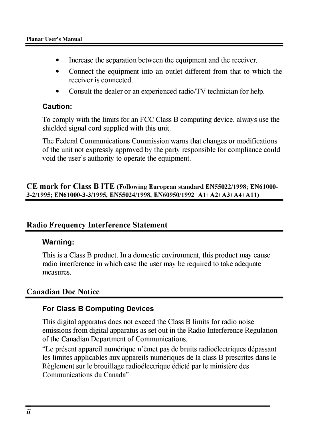 Planar PT1503NT manual Radio Frequency Interference Statement, Canadian Doc Notice, For Class B Computing Devices 