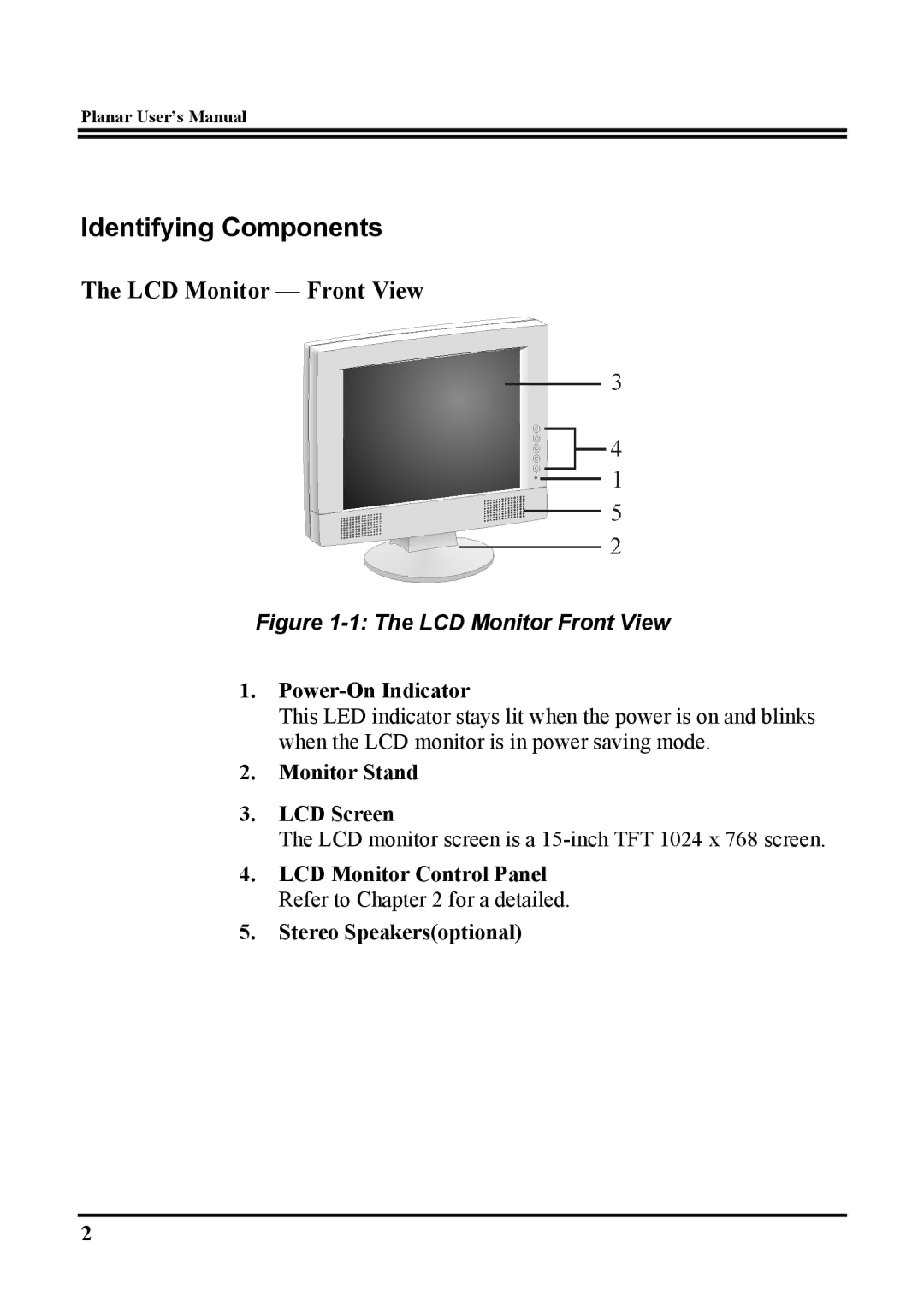 Planar PT1503NT manual Identifying Components, LCD Monitor Front View, Power-On Indicator, Monitor Stand LCD Screen 