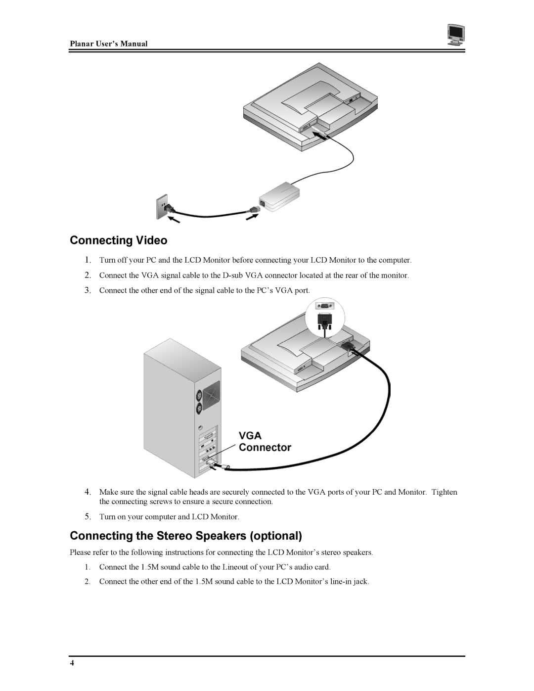 Planar PT1503Z manual Connecting Video, Connecting the Stereo Speakers optional 