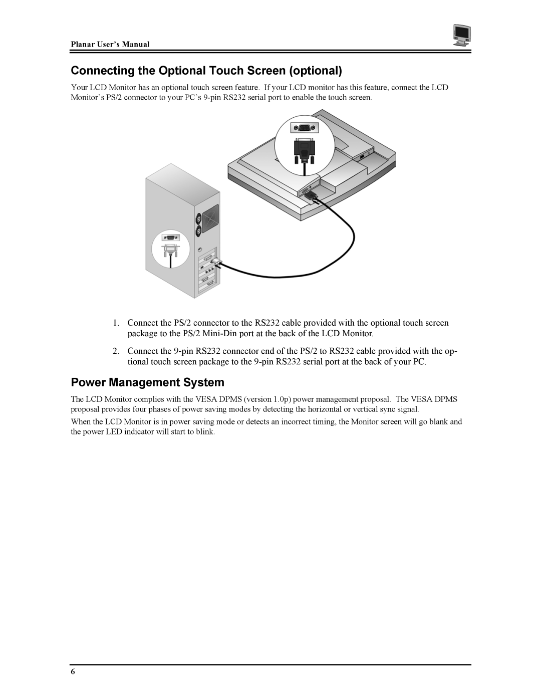 Planar PT1503Z manual Connecting the Optional Touch Screen optional, Power Management System 