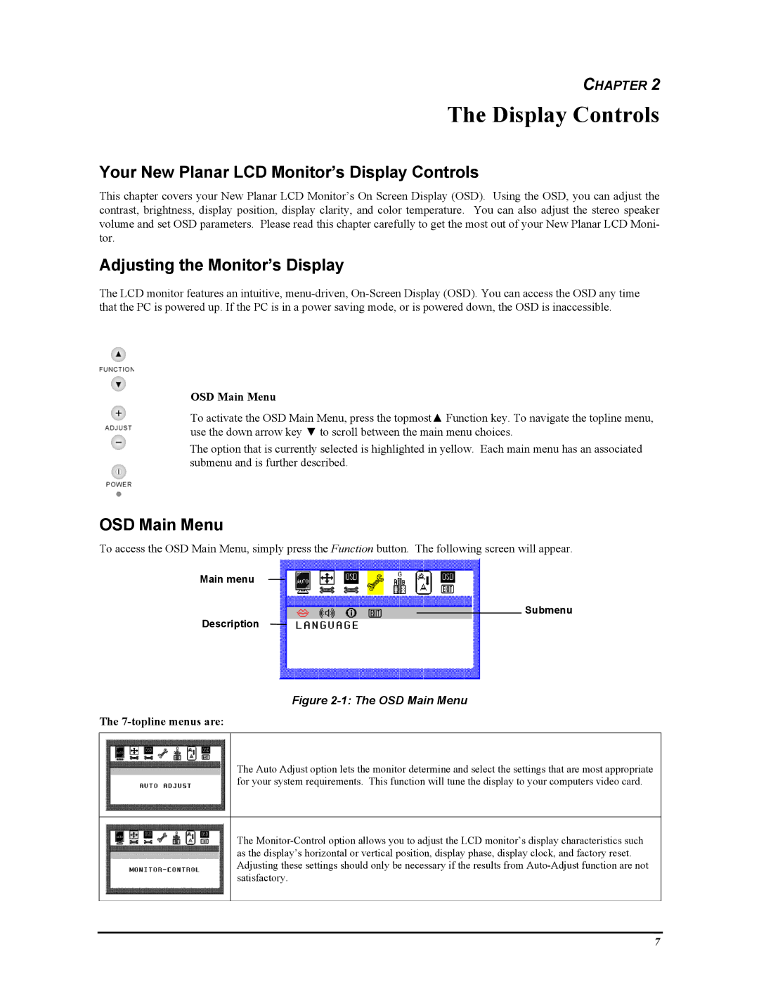 Planar PT1503Z manual Your New Planar LCD Monitor’s Display Controls, Adjusting the Monitor’s Display, OSD Main Menu 