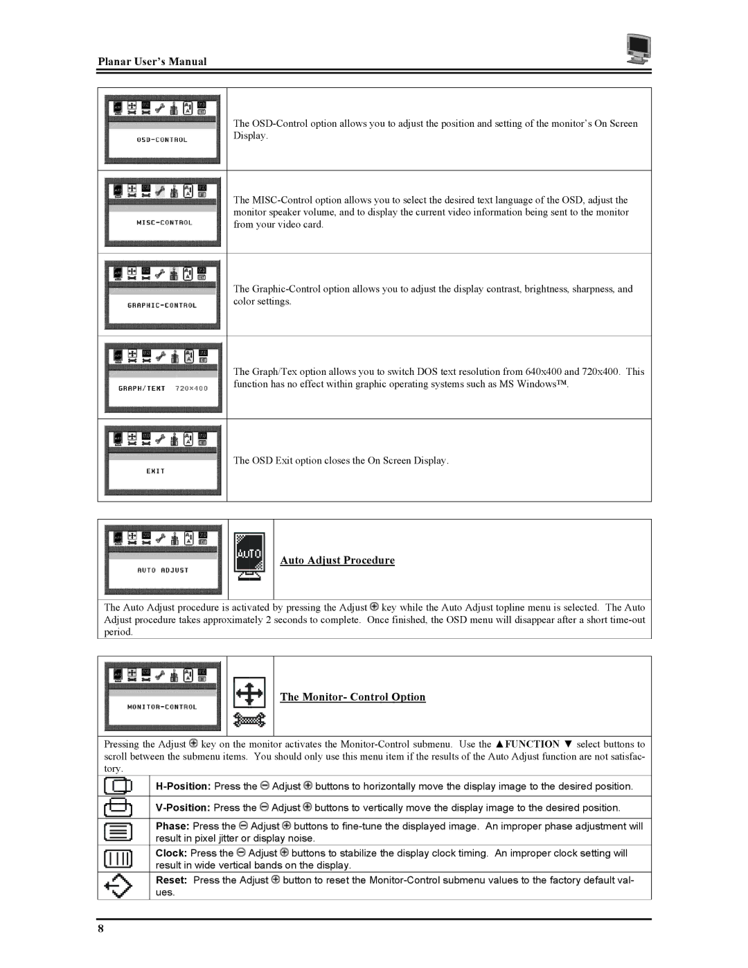 Planar PT1503Z manual Auto Adjust Procedure, Monitor- Control Option 