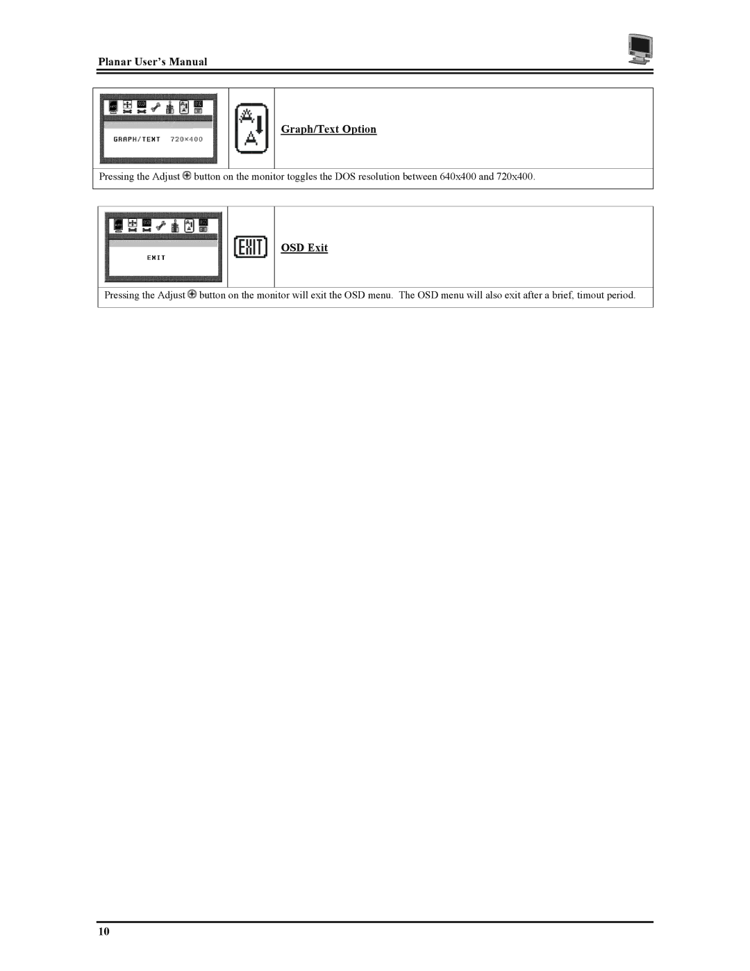 Planar PT1503Z manual Planar User’s Manual Graph/Text Option, OSD Exit 