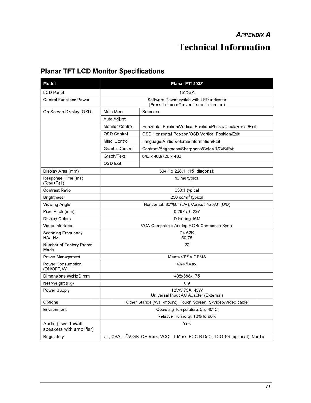 Planar PT1503Z manual Technical Information, Planar TFT LCD Monitor Specifications 