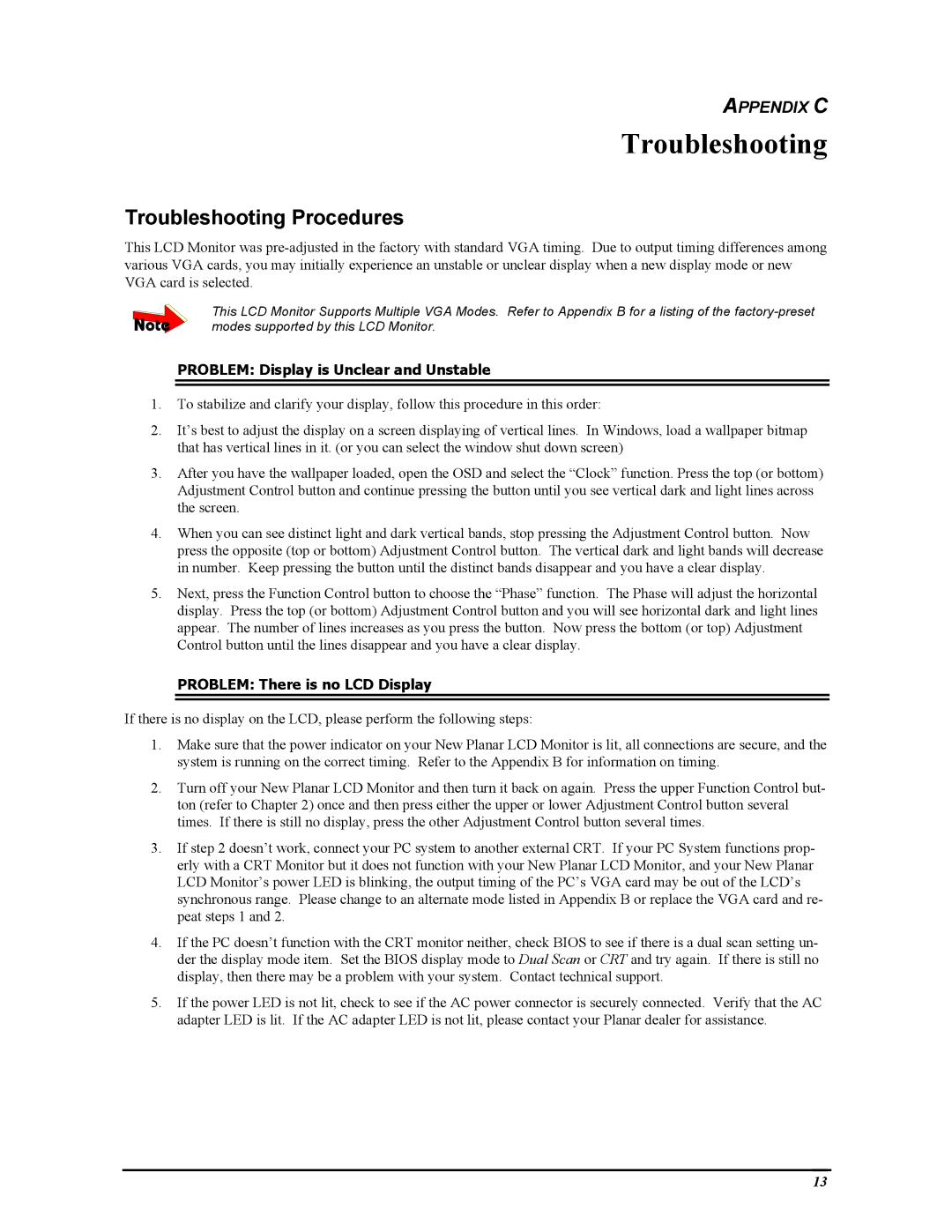 Planar PT1503Z manual Troubleshooting Procedures 