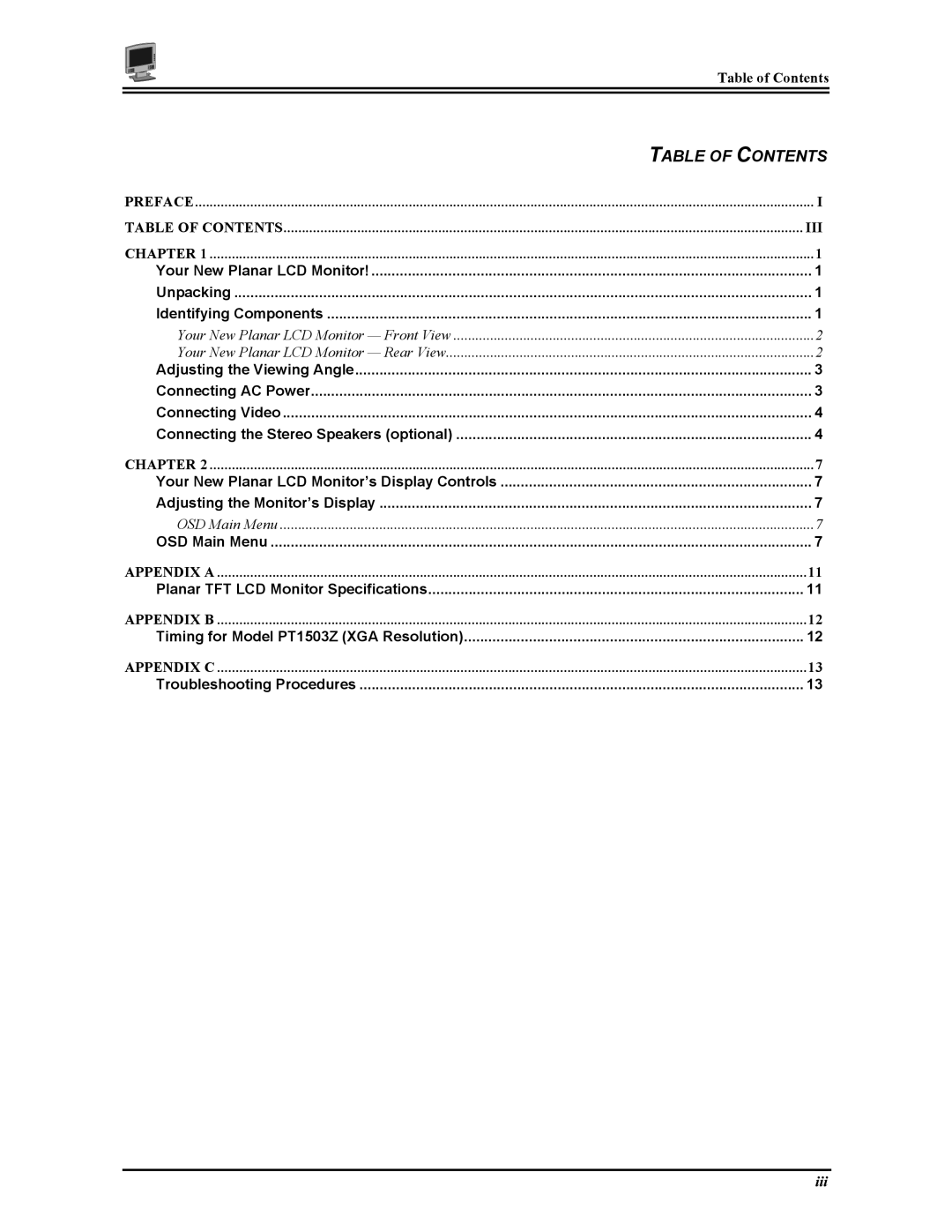 Planar PT1503Z manual Table of Contents 