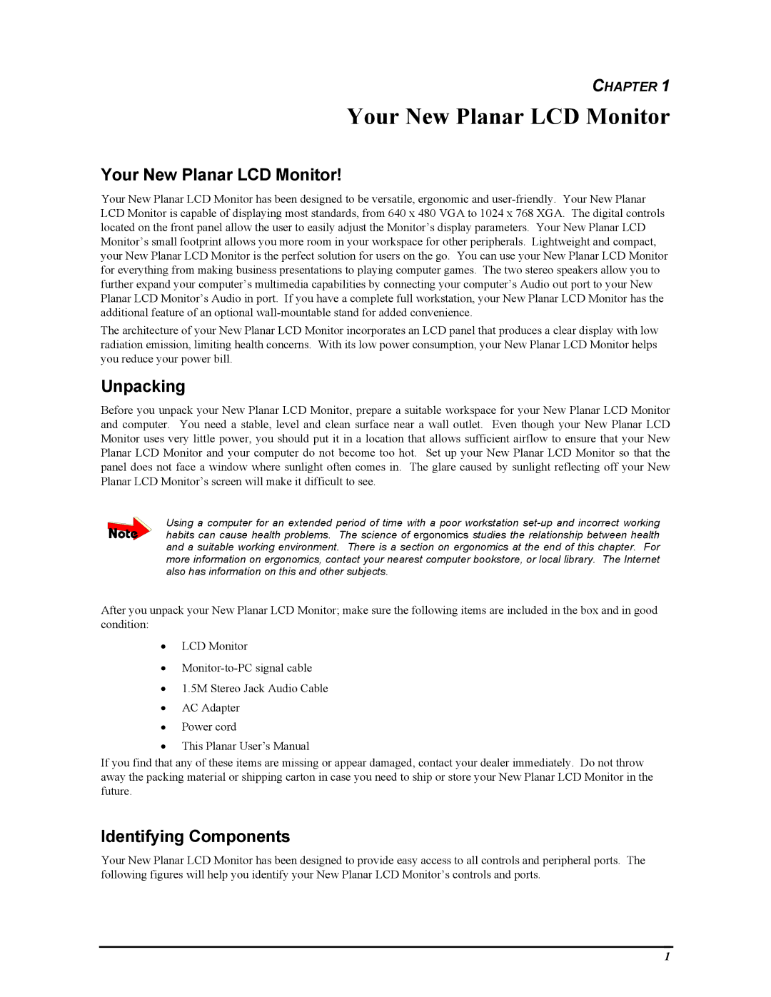 Planar PT1503Z manual Your New Planar LCD Monitor, Unpacking, Identifying Components 