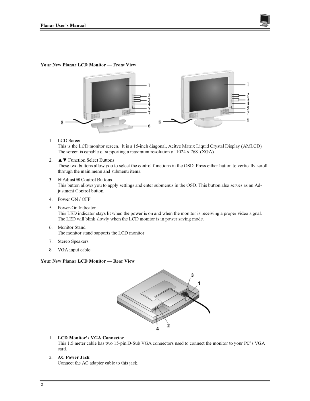 Planar PT1503Z manual Planar User’s Manual Your New Planar LCD Monitor Front View, AC Power Jack 