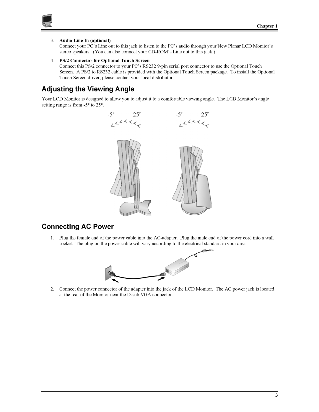 Planar PT1503Z manual Adjusting the Viewing Angle, Connecting AC Power, Chapter Audio Line In optional 