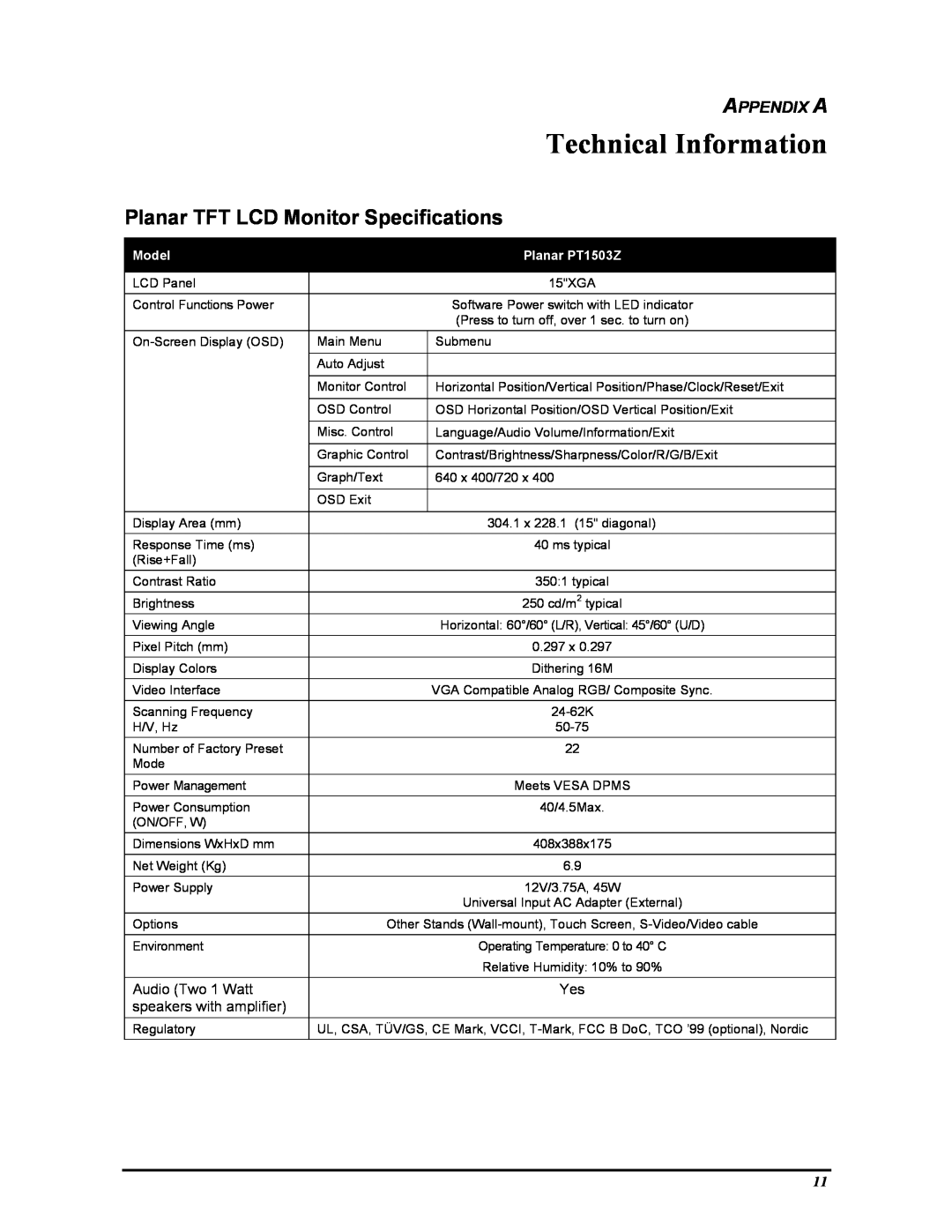 Planar manual Technical Information, Planar TFT LCD Monitor Specifications, Appendix A, Model, Planar PT1503Z 