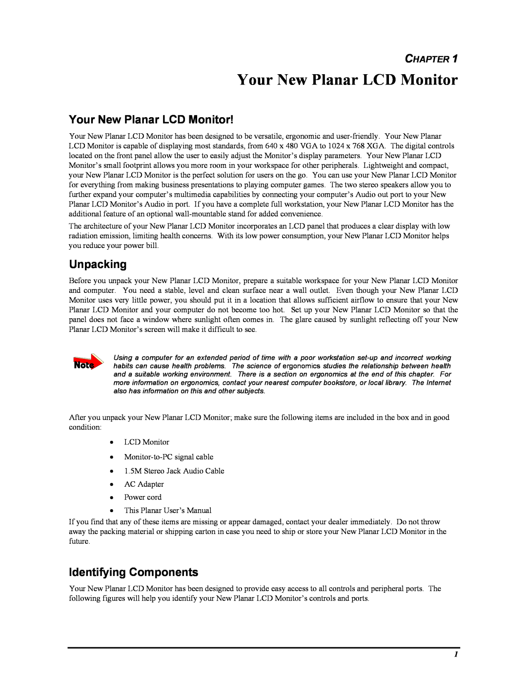 Planar PT1503Z manual Your New Planar LCD Monitor, Unpacking, Identifying Components, Chapter 