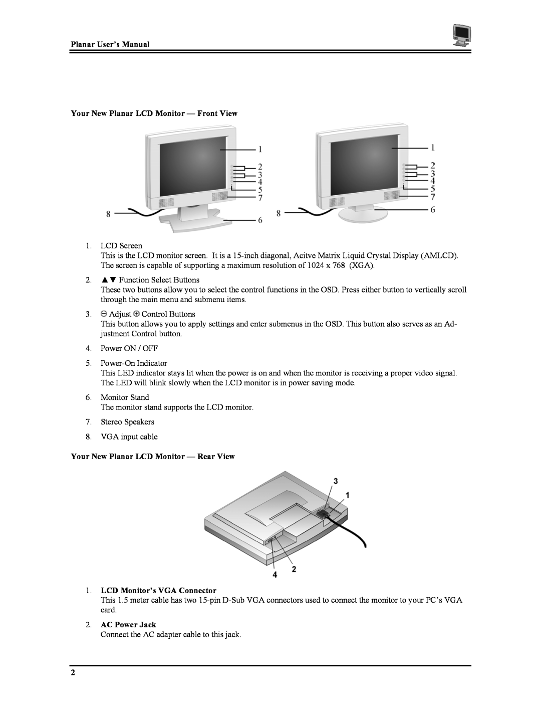 Planar PT1503Z Planar User’s Manual Your New Planar LCD Monitor - Front View, Your New Planar LCD Monitor - Rear View 