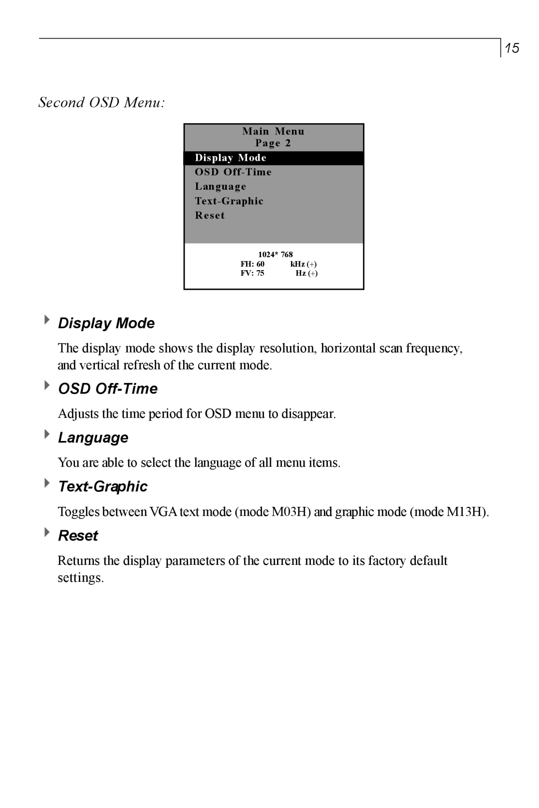 Planar PT150MU user manual Display Mode, OSD Off-Time, Language, Text-Graphic, Reset 