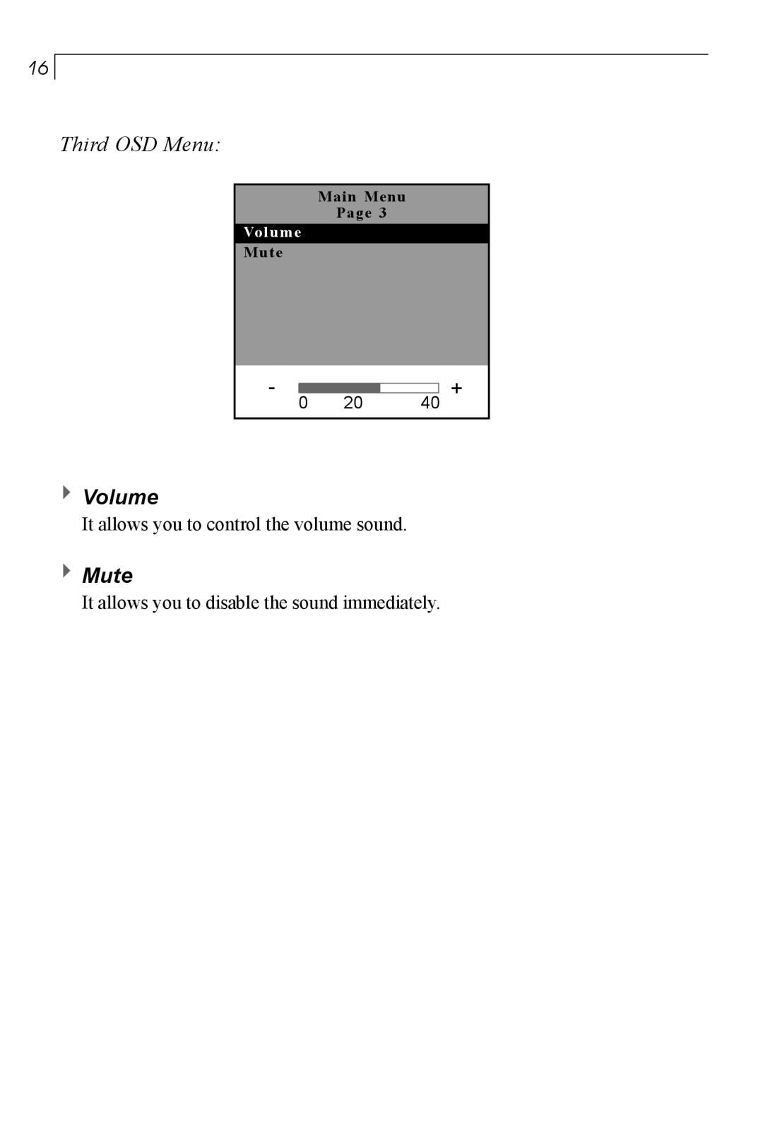 Planar PT150MU user manual Volume, Mute 