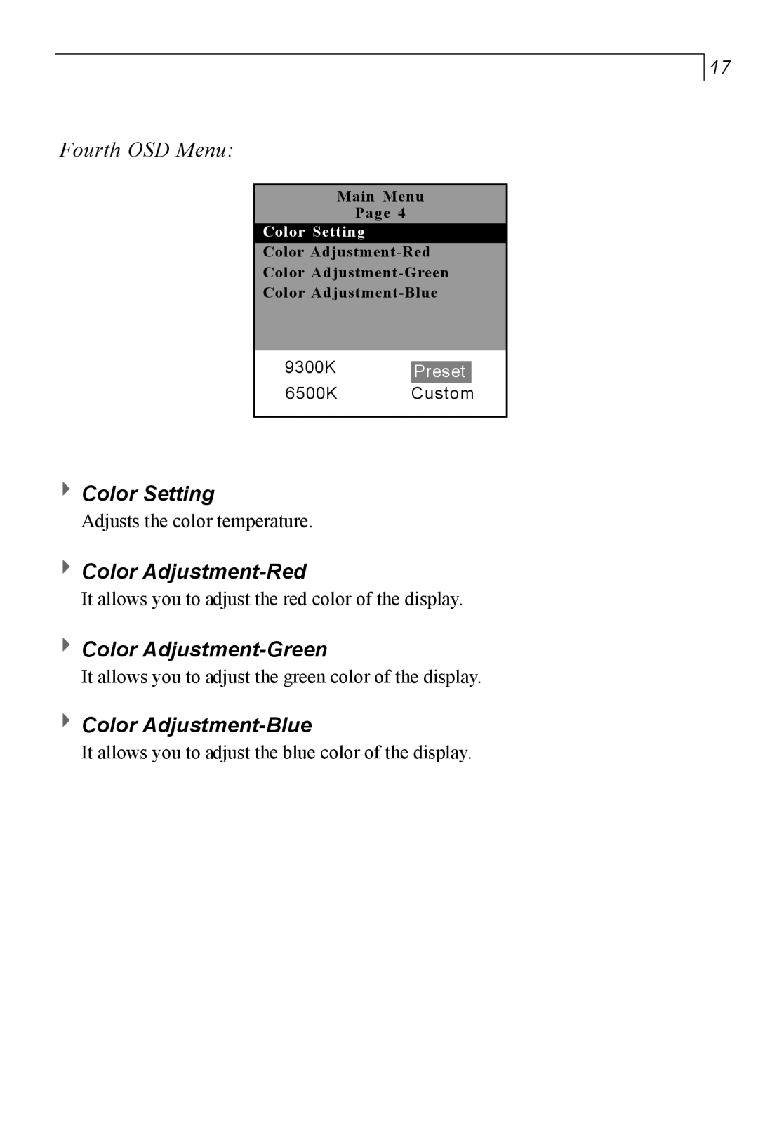 Planar PT150MU user manual Color Setting, Color Adjustment-Red, Color Adjustment-Green, Color Adjustment-Blue 