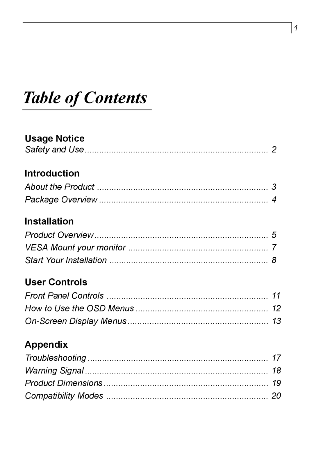 Planar PT150MU user manual Table of Contents 