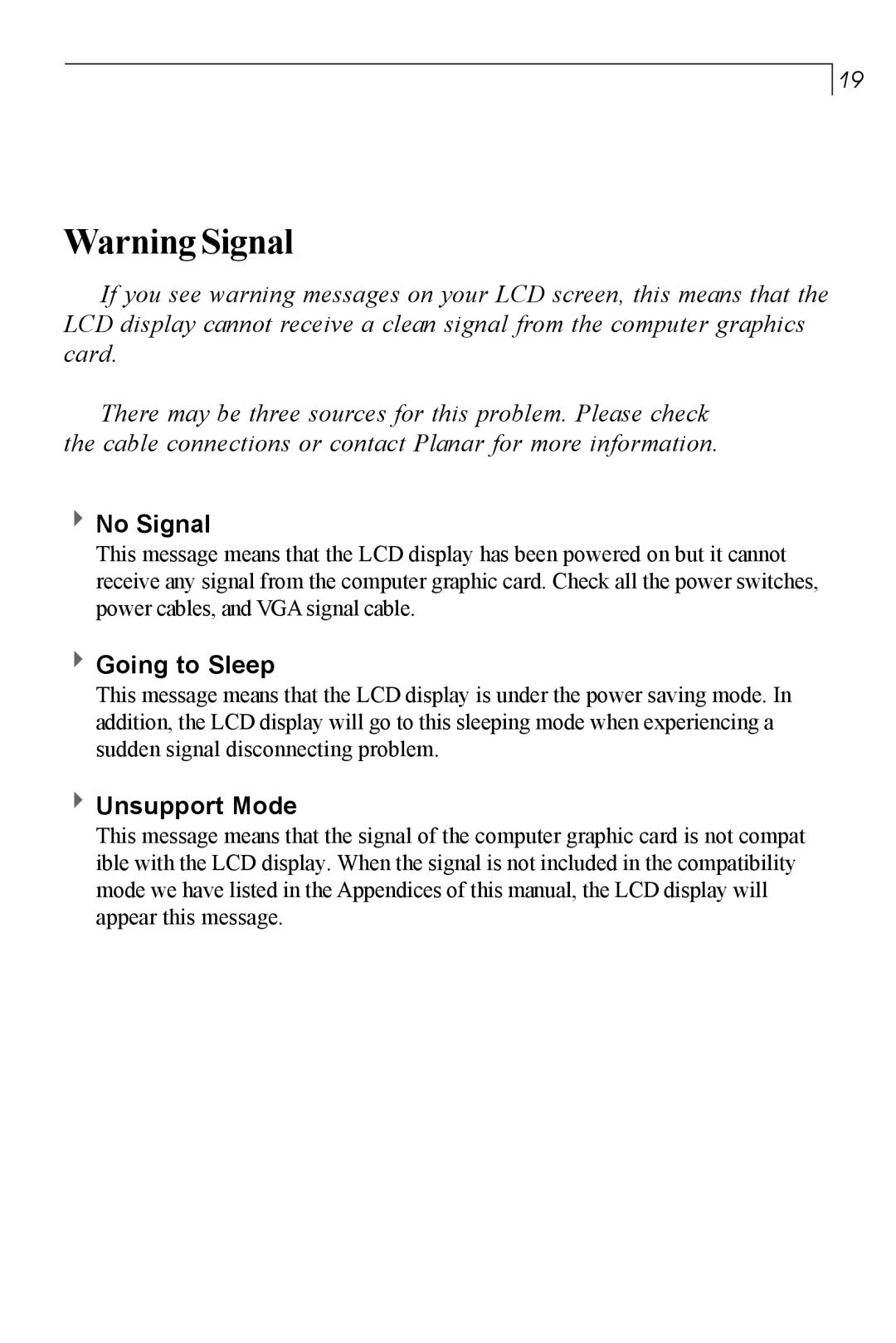 Planar PT150MU user manual No Signal 