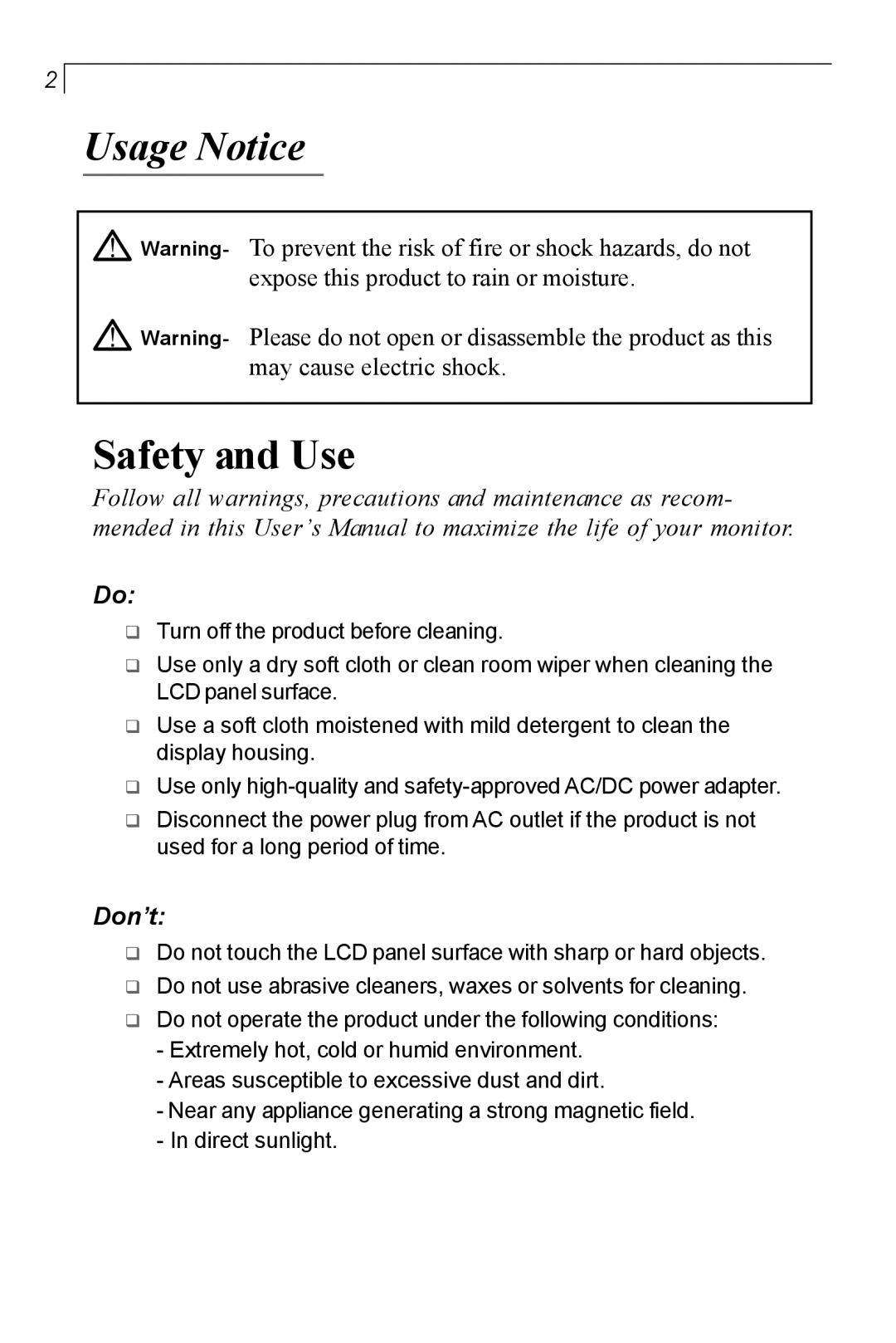 Planar PT150MU user manual Usage Notice, Don’t 