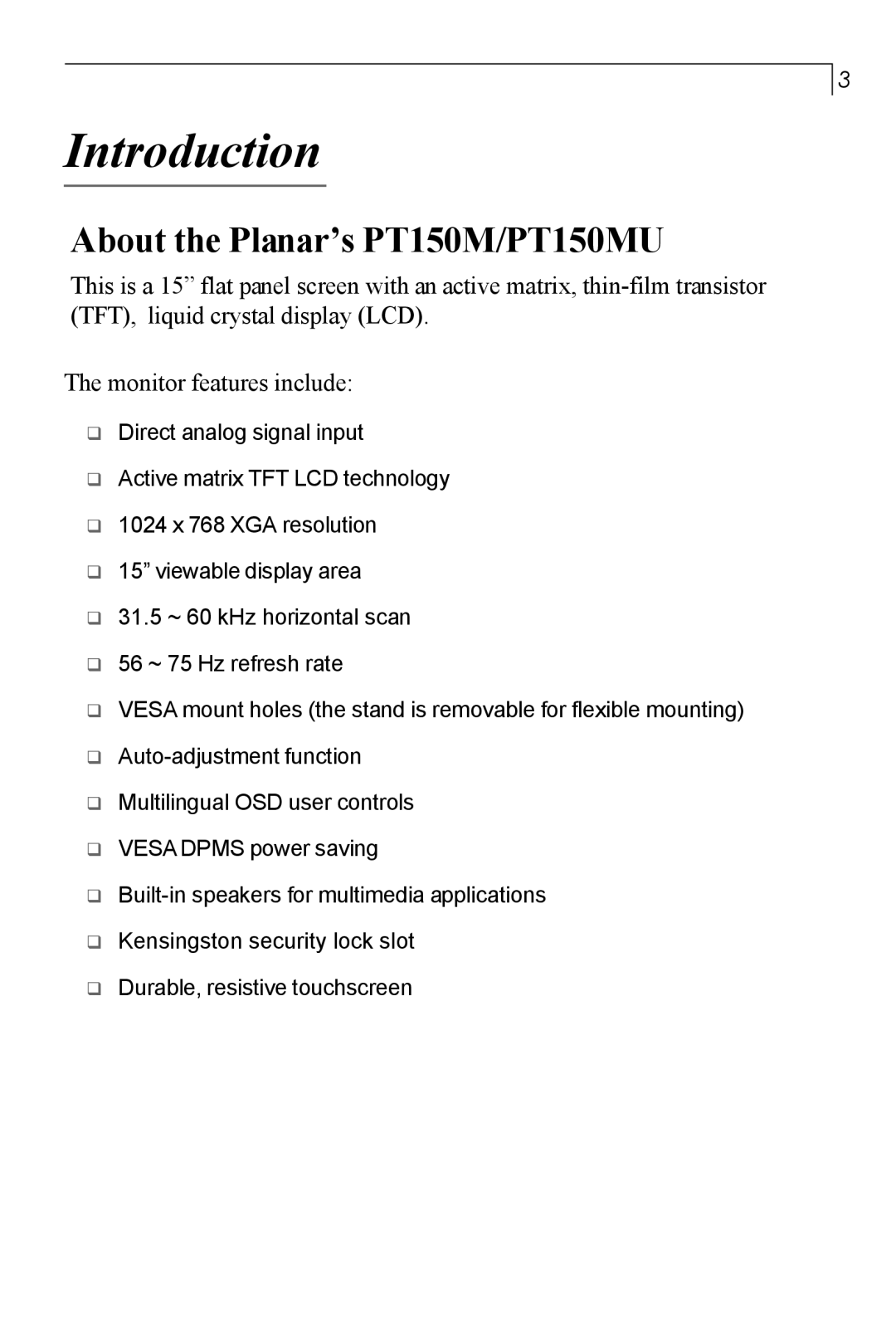 Planar user manual Introduction, About the Planar’s PT150M/PT150MU 