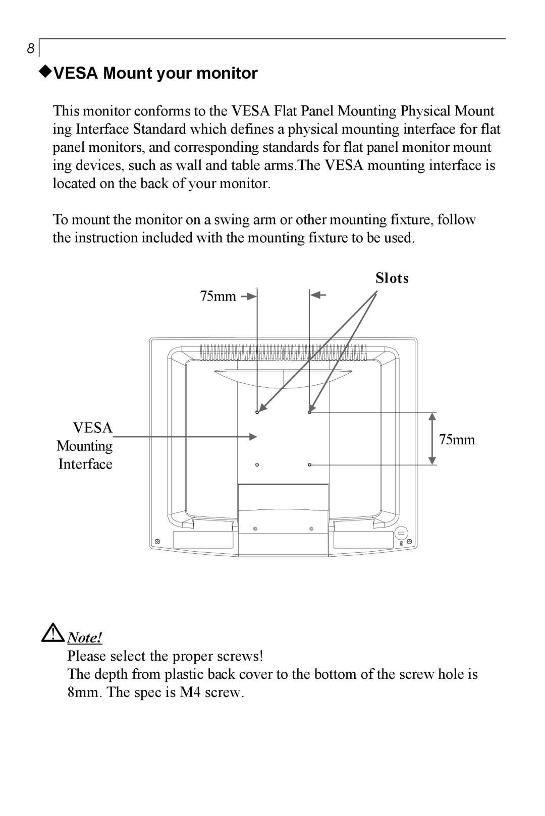 Planar PT150MU user manual Vesa Mount your monitor 