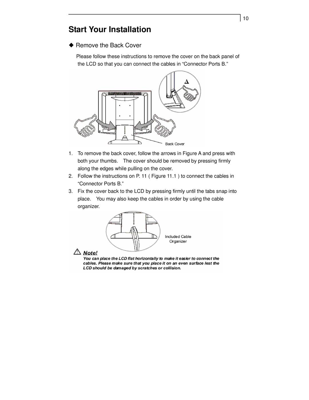 Planar PT1510MX manual Start Your Installation, ¡ Remove the Back Cover 