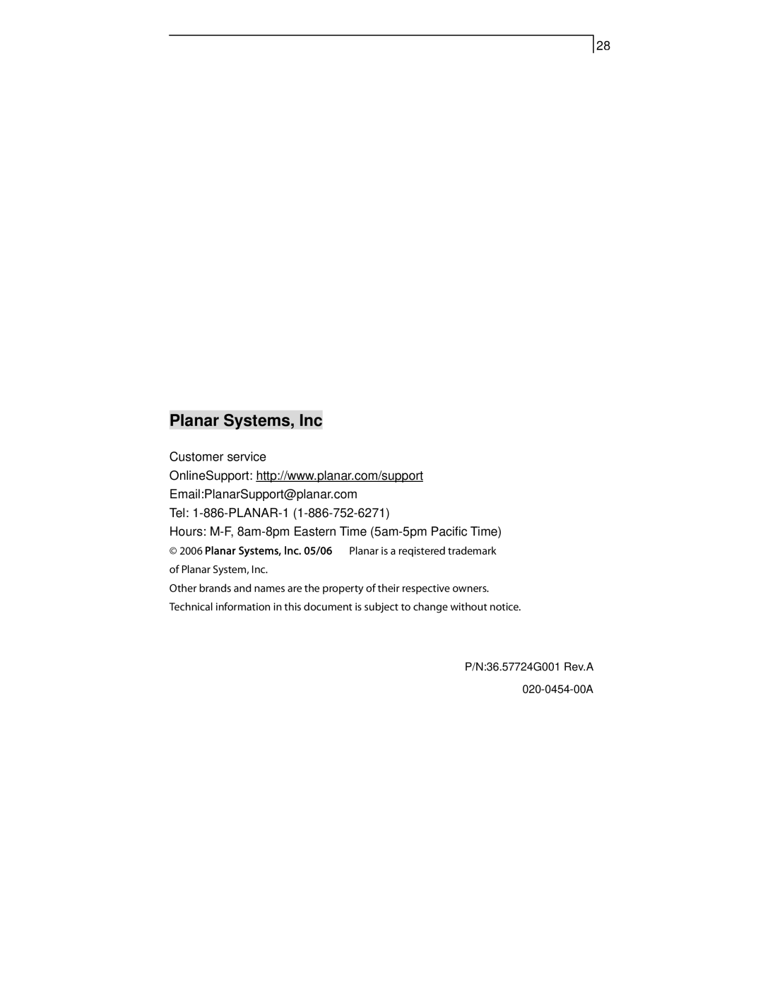 Planar PT1510MX manual Planar Systems, Inc 