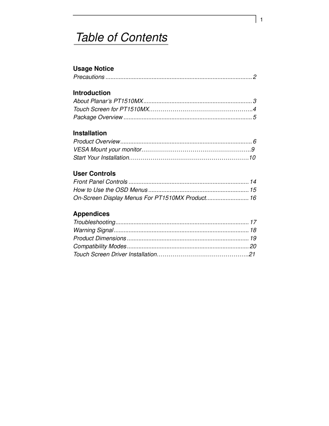 Planar PT1510MX manual Table of Contents 