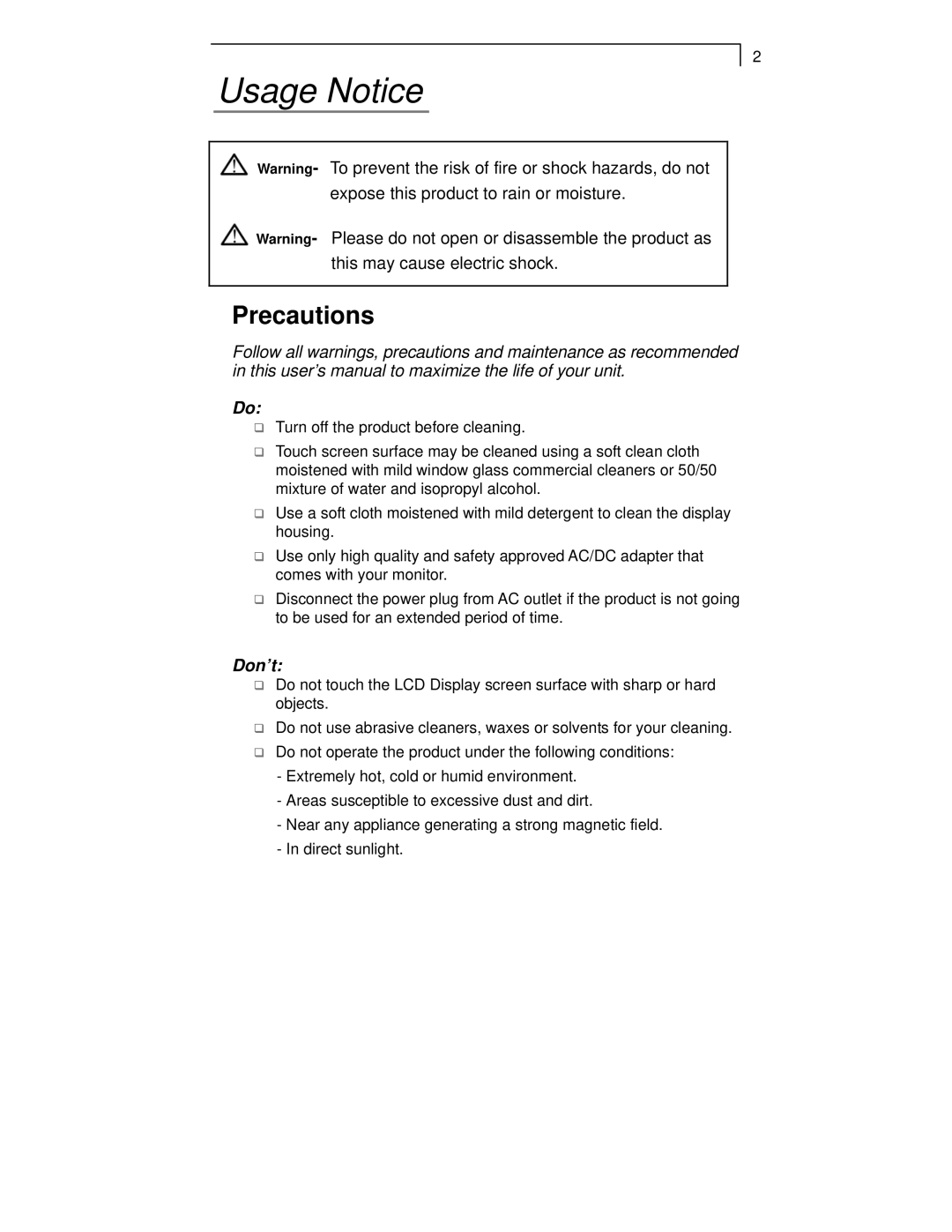 Planar PT1510MX manual Usage Notice, Precautions 