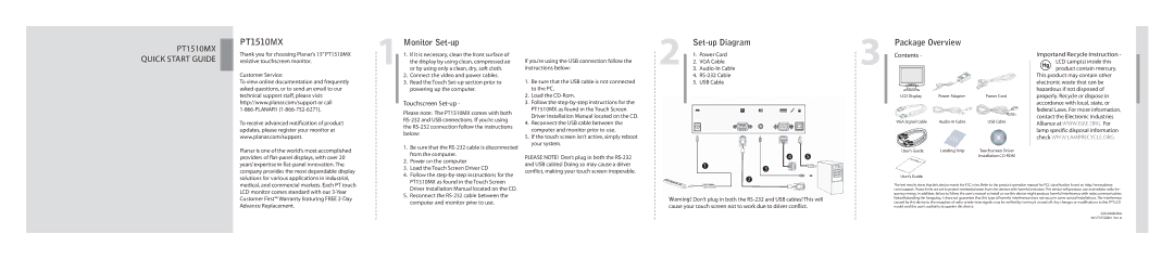 Planar quick start PT1510MX  Monitor Set-up Set-up Diagram Package Overview, Quick Start Guide, Touchscreen Set-up 